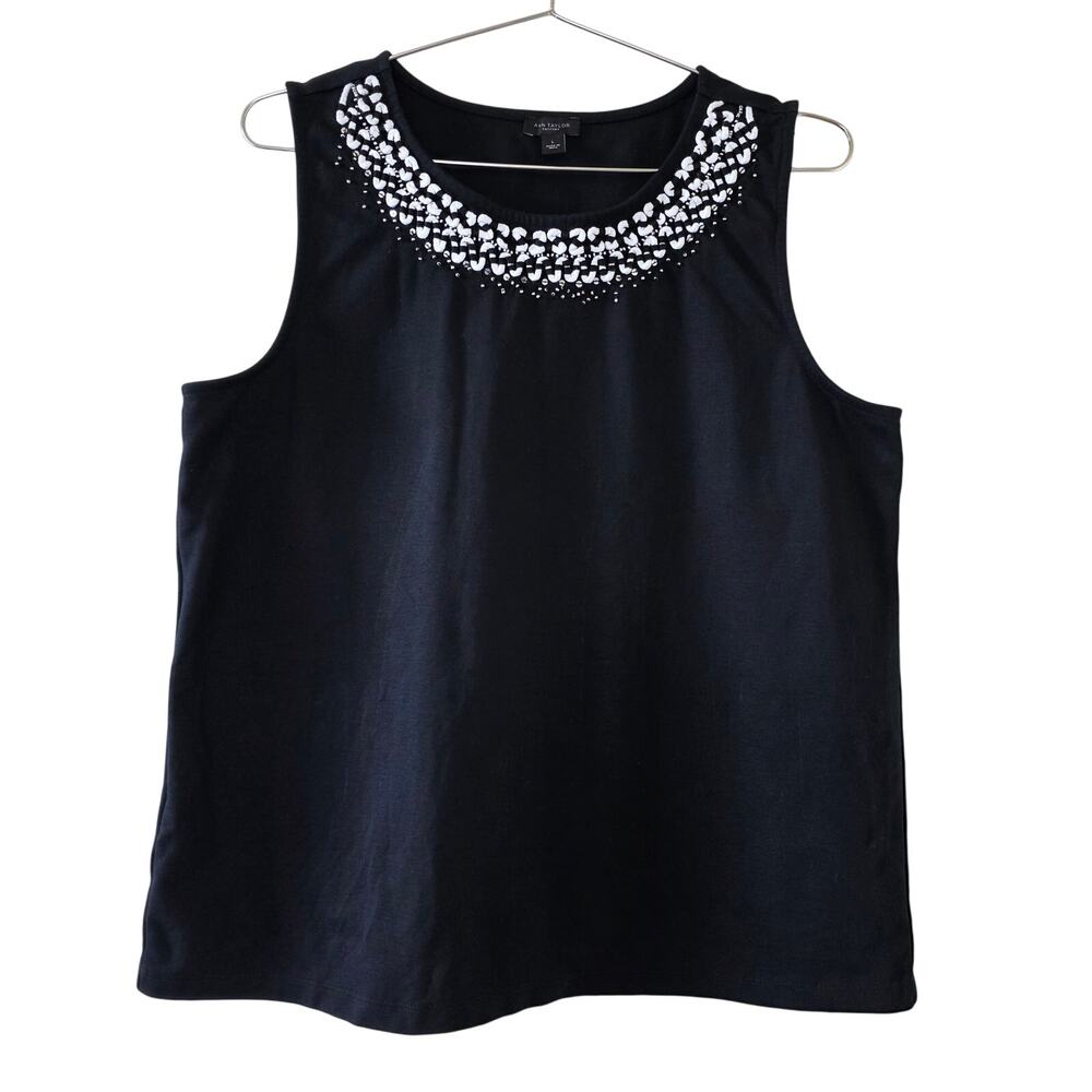 Ann Taylor Factory Black Sleeveless Embellished Neckline Top Women Size L